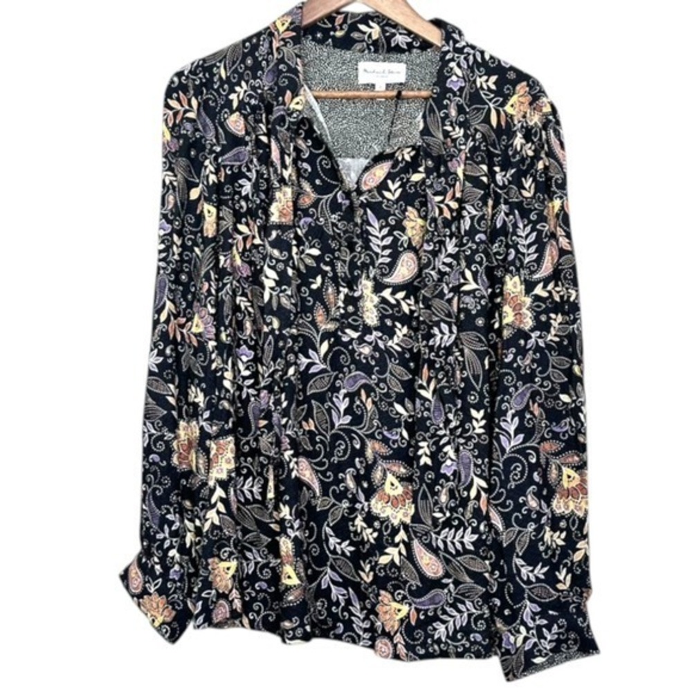 Michael Stars 1X Black Floral Printed Tie Bow Shirt Blouse Casual Office‎ NEW
